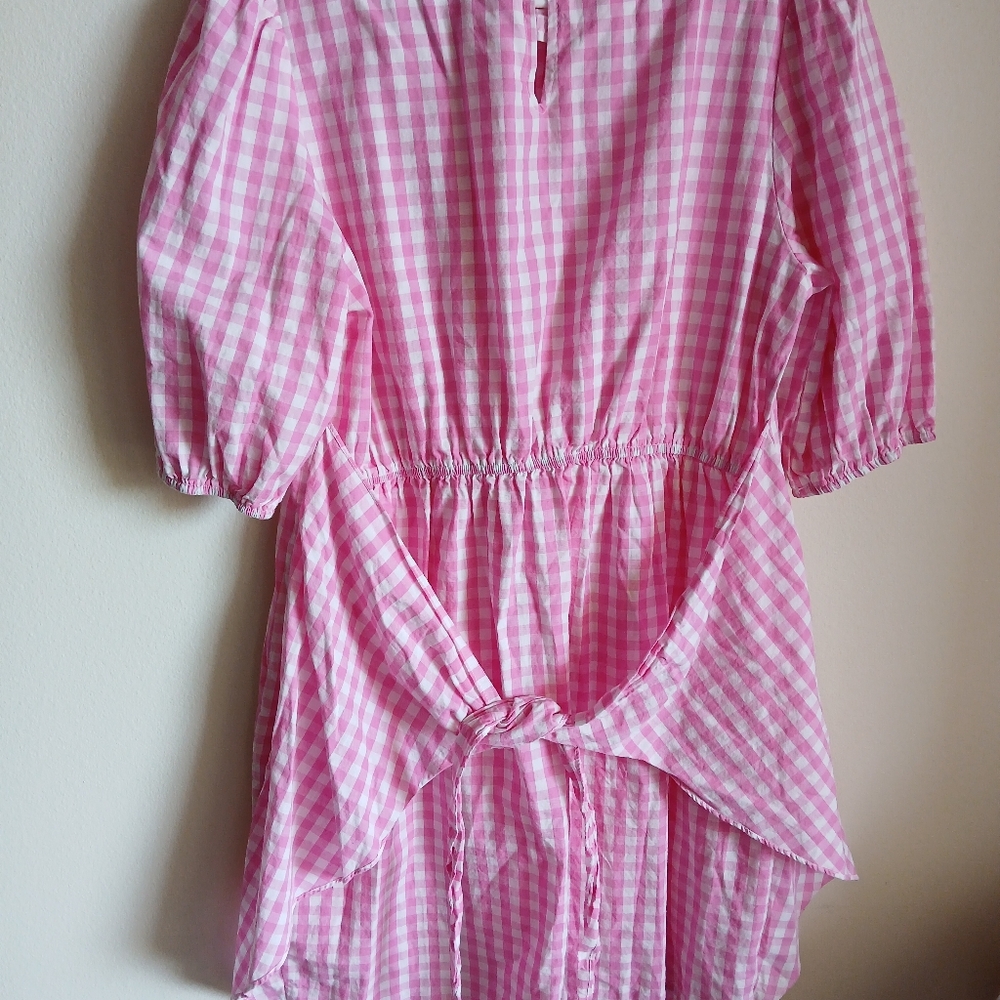Fashion- Pink Gingham Elbow Sleeves with Wrap  Waist Front/Side Tie Dress - Picture 8 of 11